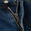Mens Jeans Blue med brev beskuren nödställda designerbyxor för man Slim fit reparerad Lin Chino Stretch Thin Denim Tappered Long Straight Regular Zipper Holes