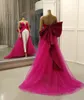 Fuksja różowy plam kombinezon balu sukienki z dużym kokardką Usuń pociąg 2022 Sweept Sweetheart Arabic Evening Gown Pant Suit