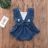 Baby sommarkläder född spädbarn baby flickor romper fasta denims playsuits ruffled ärmlös rem soldräkt hög kvalitet 220525