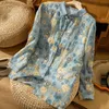 Women's Blouses & Shirts Harajuku Spring Women Button Up Cotton Linen Shirt Retro Floral Print Loose Long-sleeve Top Fall Casual Ladies Tops