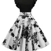 Siyah Beyaz Patchwork Çiçek Baskı Yaz Elbise Kadın Taç Toyun Dot Vintage Elbise Corn Raine Rockabilly Party Vestidos 220513