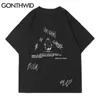 Gonthwid Tshirts Streetwear Casual Gothic Punk Rock Cartoon Devil Drukuj Krótki Rękaw Koszulki Bawełniane Hip Harajuku Tees Topy 220401