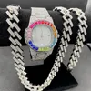 3 Sztuk Męskie Hip Hop Biżuteria Zestaw Iced Out Watch Naszyjnik Bransoletka Bling Mima Cuban Łańcuchy Kobiety Złoty Zegarki Manreloj Hombre W220419