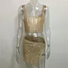 Vestidos de trabajo Moda Conjuntos de 2 piezas Trajes para mujer Crystal Rhinestone Sin mangas Camisetas sin mangas Dividir Mini falda Club Fiesta nocturna Sexy Rave Festiva