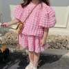 Set di abbigliamento Baby Girl Set Pink Suit 2022 Summer Sweet Wind Cherry Blossom Powder Bubble Skirt Camicetta principessa Set di due pezziAbbigliamento