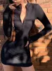 Macheda sonbahar kış streç ince yumuşak yivli örmece kaputlu elbise kadın moda katı siyah rahat vücut zip elbise 220705