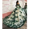 Verde Esmeralda Princesa Quinceanera Vestidos Flores 3D Miçangas Apliques com Cadarço Doce 15 16 Vestido de Formatura Vestido de Festa Xv Anos