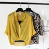 Ladies 2020 Two piece set Leopard Chiffon Shirts Summer Half Sleeve Loose V Neck Women Casual Blouse Sexy Plus size striped Tops LJ200815