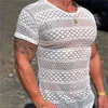 T 셔츠 남자 레이스 중공 아웃 짧은 소매 셔츠 여름 남성 의류 남성 캐주얼 둥근 목 슬림 핏 셔츠 탑 220606
