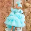 Sky Blue Flower Girl Dresses golvlängd ruffle hylsa blommig liten flicka bröllopsklänning nattvardsreants födelsedag klänningar