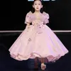 2022 Mignon Princesse Fleur Filles Robes Pour Mariage Hors Épaule Longue Paillettes Rose Dentelle Perles Tulle Puffy Volants Fête Enfants Pour Anniversaire Fille Pageant Robes