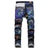 Herr rak smal fit rippade jeans färgglada tyg sömnad tvättade denim byxor pantalones hombre hip hop streetwear