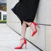 Sandaler damer pumpar glänsande spetsiga högklackade skor 12 cm ankel spänne kvinna kontor stilett höga klackar sexig ihålig klänning skoessandals