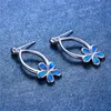 Stud mignon femme fleur boucles d'oreilles Vintage couleur argent Double pour les femmes Boho blanc bleu opale de feu boucles d'oreilles