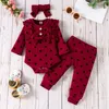 3-piece Baby Clothing Sets Girl Heart Print Ruffled Bowknot Design Long-sleeve Ribbed Romper Elasticized Pants and Headband Set 1055 E3