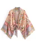 Boho Vintage Blumendruck, Schärpen, kurzer Kimono, Damenmode, Damenblusen, lässig, V-Ausschnitt, Fledermausärmel, Bohemian-Stil, Cover-Up 220423