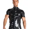 Heren Casual Shirts Heren Wetlook PVC Lederen T-shirts Zwart Punk Strakke Fitnesskleding Korte mouw Rits Stage Sexy Party Cl312A