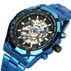 Wristwatches Blue Men's Mechanical Watch Simple White Dial Clock Automatic Self-winding Wristwatch For Men Steel Strap Safety Folding Bu
