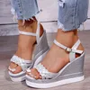 Sandali da donna Chunky Wedge Peep Toe 2021 Summer Fashion Buckle Piattaforma stile romano Sandali gladiatore Suola morbida in gomma argento Y220421