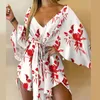 Casual Leaf Leopard Print Harajuku Batwing Sleeve Dress Lady Elegant Lace-Up Irregular Party Dress Sexy V-Neck Women Mini Dress 220510