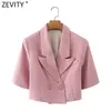 Zevity Femmes Mode Col cranté Double boutonnage Blazer court Manteau Vintage Femme Business Vêtements d'extérieur Chic Crop Tops CT713 210603