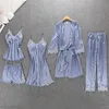Pamas Women 5/4 Pieces Satin Sleepwear Pijama Silk Home Wear Clothing Embroidery Sleep Lounge Pyjama with Chest Pads 220329