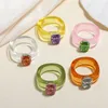 Colorful Transparent Resin Rhinestone Solitaire Ring Simple Geometric Square Round Rings for Women Trendy Jewelry Gift