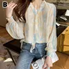 Blouses feminina camisas Tops femininos 2022 Moda Casual Tie Tye Pressado Dobrado Manga Longa Camisa de Chiffon Lanterna Bow SJ596Women's