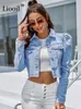 Blue Cropped Jerics Kurtki Kobiety z rękawem z guzikami Kieszenie Vintage Autumn Winter Streetwear Ripped Jean Strewear 220722