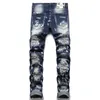 New Tattered Patch Men's Slim Denim Jeans Blue Embroidered Tight Stretch Male Pants pantalones hombre