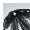 Women Girls Black Lace Ribbon Bow Tie Faux Pearl Pendant Brooch Pin Necklace Uniform Shirt Blouse Pre-tied Jabot Collar