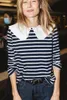 Women's T-Shirt Women Navy Striped Long Sleeve Top With Lace Doll CollarWomen's Phyl22