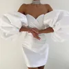 Puff mouw korte cocktailfeestjurken van de schouder mini satijnen prom jurk voor vrouw