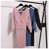 Robes de travail jupe ensembles printemps automne femmes costume taille enveloppement hanche Sexy col en v brillant soie robe pull 2 pièces femmes tenues travail