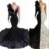 2022 Sparkly Black White Sexy Mermaid Evening Dresses V Neck Illusion Sequined Lace One Shoulder Long Sleeve Sequins Formal Party Dress Plus Size Evening Gowns