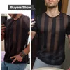 Zomer mannen gestreepte t -shirt mesh transparant o nek korte mouw sexy tee tops streetwear party casual camisetas Incerun 7 220623