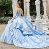 Sweet 16 Sky Bleu sans bretelles princesse Quinceanera robes de balle à perles longues pour filles vestidos de 15 anos