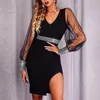 Casual Dresses Mesh Shiny Striped Slim Slit Women Dress Elegant Sexy V Neck Lady Mini Fashion Splicing Sheer Bag Hip Party