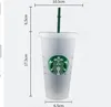 Starbucks Becher 24oz/710 ml Plastik Tumbler wiederverwendbares klares Trinken flacher Boden Tasse Säule Form Deckel Stroh Bardian 1000 Pcs