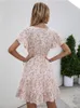 Allover Ditsy Floral Print Ruffle Hem A-Line Dress 여름 여성 핑크 나비 슬리브 탄성 허리 V- 넥 다이디 드레스 로브 펨메 220511