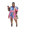 Plus Size XL-5XL Dresses Summer Trend Tie Dyed Printed Lapel Pleated Ruffle Midi Shirt Dress