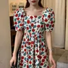 Casual Dresses Elegant Vintage Slim A Line Summer Puff Short Sleeve Midi Square Neck Rose Print Dress Bodycon Women Y2k Vestido De MujerCasu