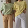 Yiyiyouni Summer Basic Cotton Loose T Shirts Women Solid Harajuku O Neck Short Sleeve Tees Shirt Female Casual Soft Khaki Tops 220510