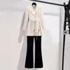 Primavera calças de manga comprida lapela lazer terno elegante botão cinto decorativo feminino casaco calças conjunto de duas peças 220812