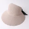 Foldable Shading Cap Women's Summer Hollow Breathable Wide Brim Hat Bow Straw Caps Party Hats by sea BBB14963