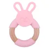 Bunny Silicone and Wood Teether Ring Natural Organic Beech Wood Ting Ring Soft Bunny Rabbit Toys Baby Spädbarnsgåvor 996 D3