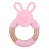 Bunny Anello per massaggiagengive in silicone e legno Anello per dentizione in legno di faggio organico naturale Morbido coniglietto Coniglio Giocattoli da masticare Regali per neonati 996 D3