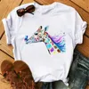 Fixsys Cartoon Horse Animals Print T Shirt Modna okrągła szyja kobieta ubranie letnie kobiety białe topy krótkie rękaw