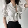 Karrram Lace Patchwork Blouse Puff Sleeve Shirt V-neck Bandage Embroidery Crop Top White Short Sleeve Shirts Korean Style 220520