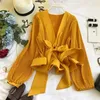 Deat Spring herfst Woman V-hals Kantoor dame Lace Up Bow Decoratie Pullover Lantern Lange Mouw Slim Chiffon Top RC413 210709